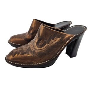 Donald J Pliner Leather Mule Heels Brown Bronze Embossed Size 5.5M Made in Italy